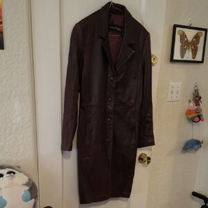 Laura Bianca | Elegant Women's Long Leather Coat - Deep Burgundy